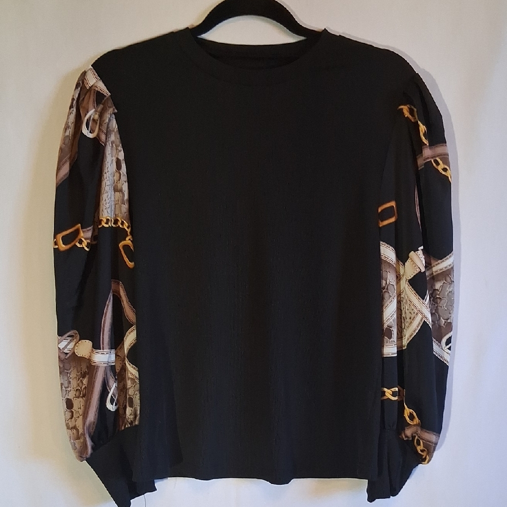 Black Top with Equestrian Patterned Sleeves